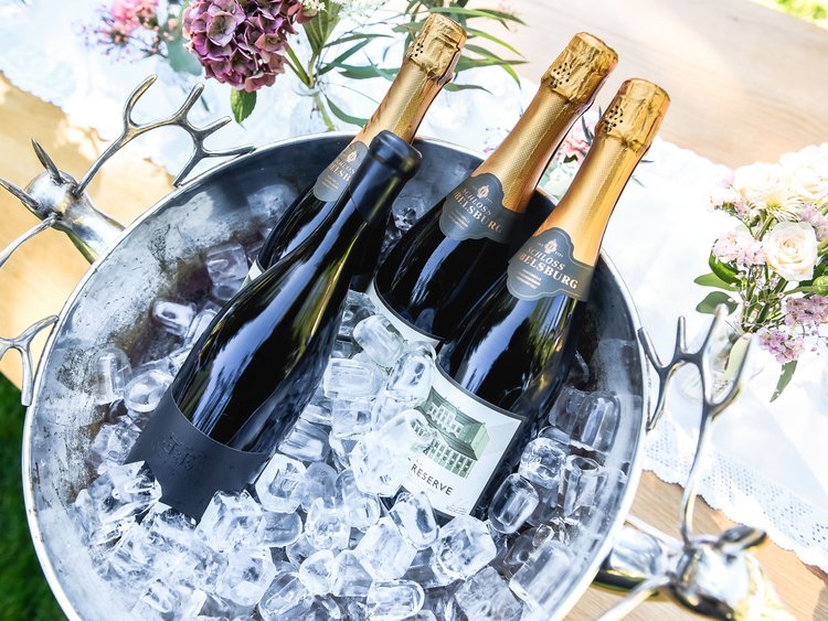 Sekt- und Weinflaschen in einem Eiskübel mit Hirschgriffen