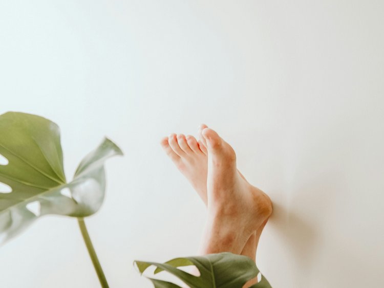 Piedi appoggiati al muro con foglie verdi di monstera in primo piano