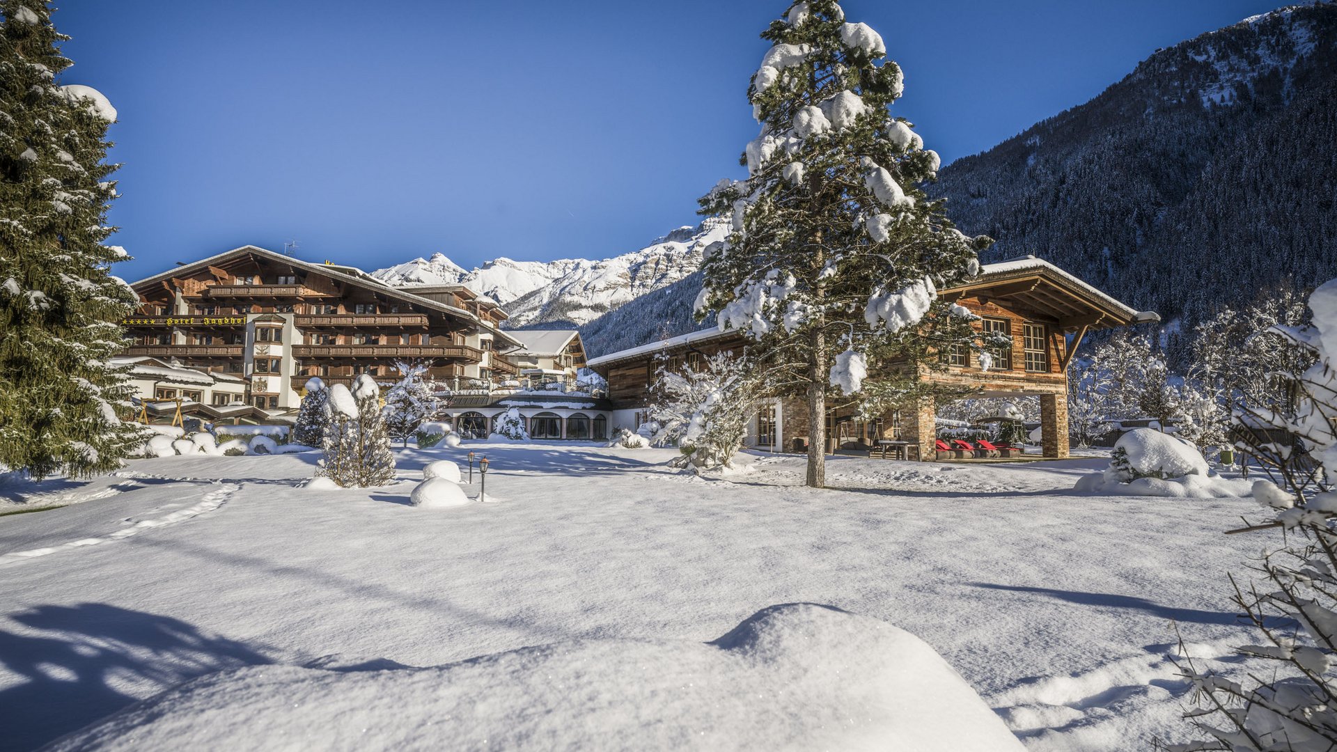 Welcome to the only 5-star hotel in Stubaital! Snow-covered chalet and trees with mountain backdrop under clear blue sky