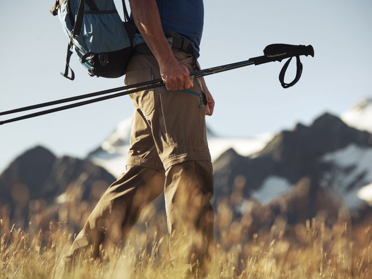 Wanderer mit Trekkingstöcken und Rucksack vor Berglandschaft
