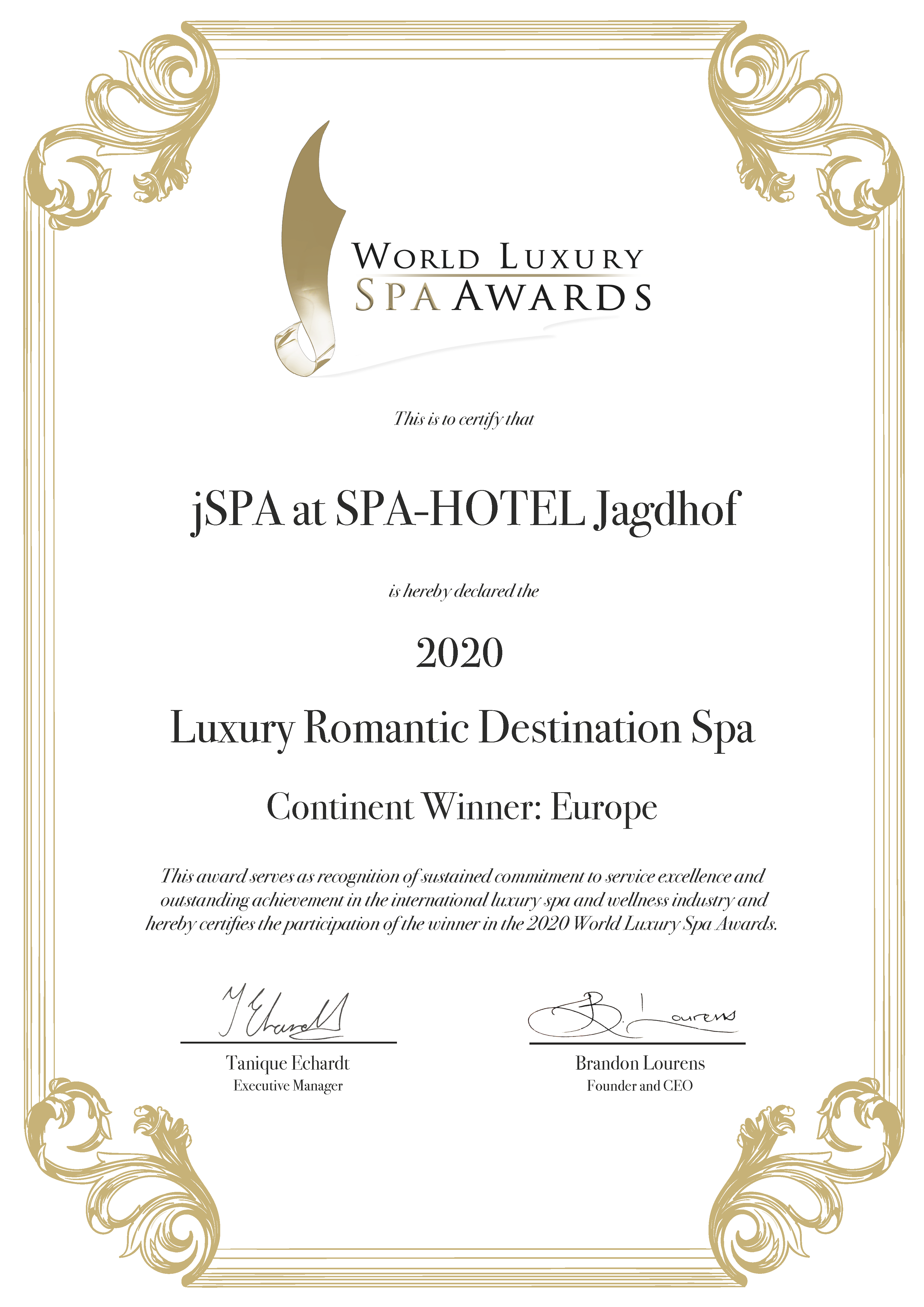 jSPA at SPA-HOTEL Jagdhof CERTIFICATE